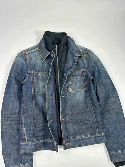 Prada denim jacket indigo blue with double collar and nylon lining, vintage 2005.