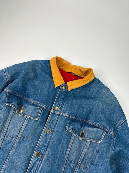 Marithé François Girbaud blue and red reversible denim bomber jacket with logo details.