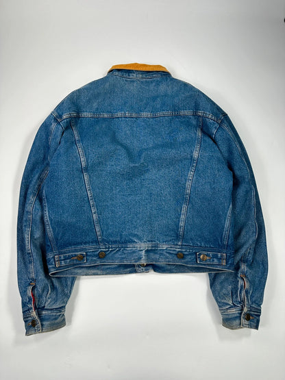 Marithé François Girbaud blue and red reversible denim bomber jacket with logo details.