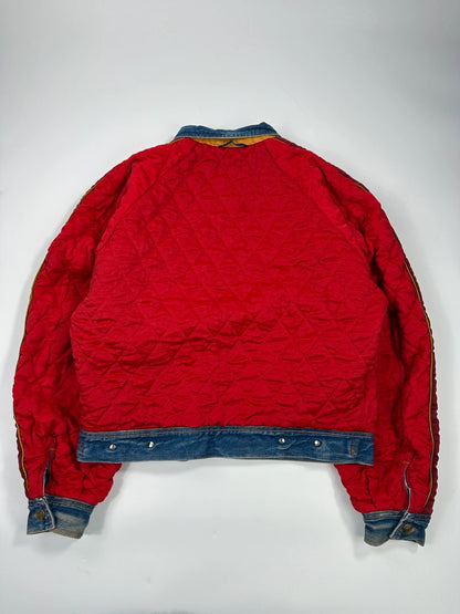 Marithé François Girbaud blue and red reversible denim bomber jacket with logo details.