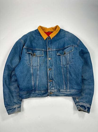 Marithé François Girbaud blue and red reversible denim bomber jacket with logo details.