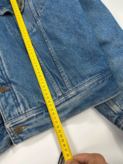 Marithé François Girbaud blue and red reversible denim bomber jacket with logo details.