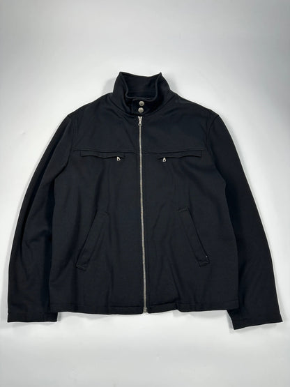 Prada black nylon Harrington bomber jacket with padded lining and vintage logo details.