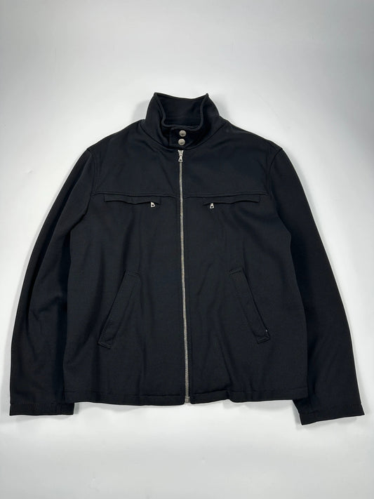 Prada black nylon Harrington bomber jacket with padded lining and vintage logo details.