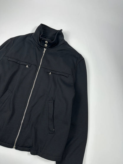 Prada black nylon Harrington bomber jacket with padded lining and vintage logo details.