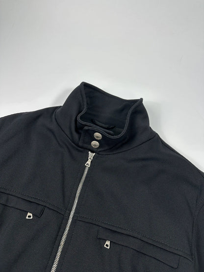 Prada black nylon Harrington bomber jacket with padded lining and vintage logo details.