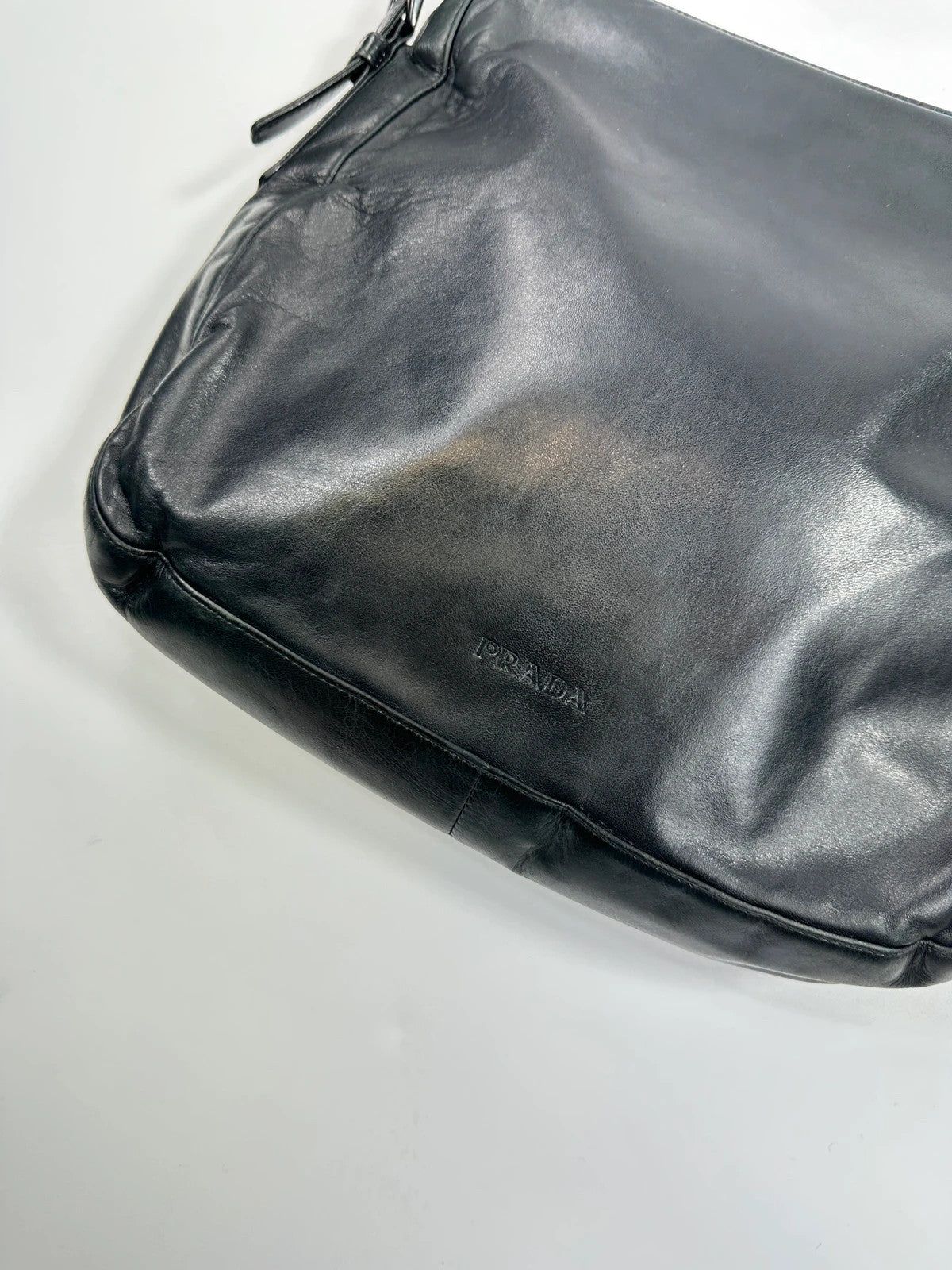 Prada black leather shoulder bag with chain straps from SS99 collection.