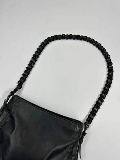 Prada black leather shoulder bag with chain straps from SS99 collection.