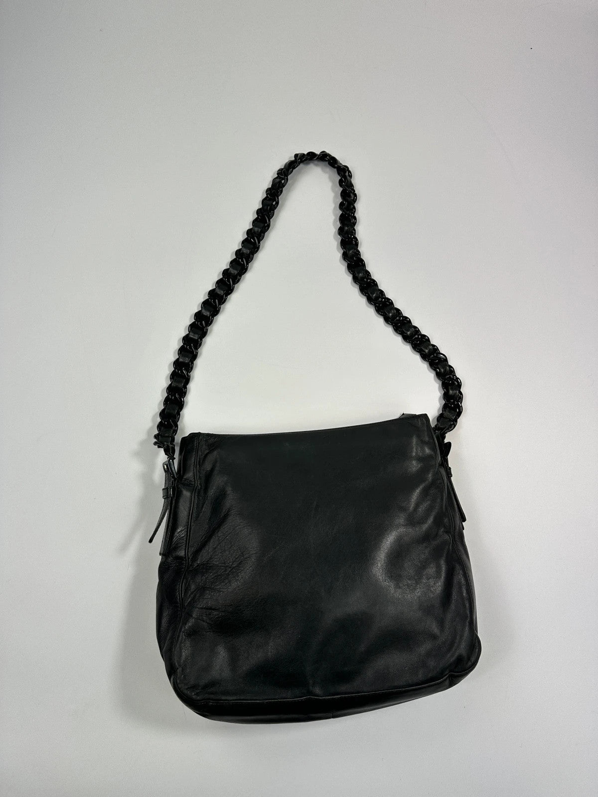 Prada black leather shoulder bag with chain straps from SS99 collection.