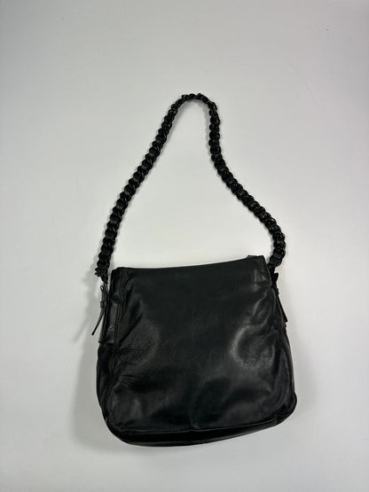 Prada black leather shoulder bag with chain straps from SS99 collection.