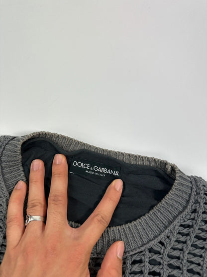 Dolce & Gabbana grey and black mesh knit sweater with layered t-shirt design.