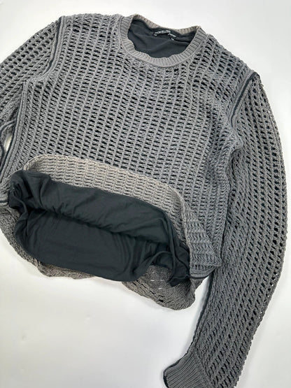 Dolce & Gabbana grey and black mesh knit sweater with layered t-shirt design.