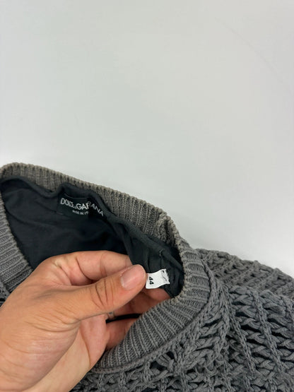 Dolce & Gabbana grey and black mesh knit sweater with layered t-shirt design.