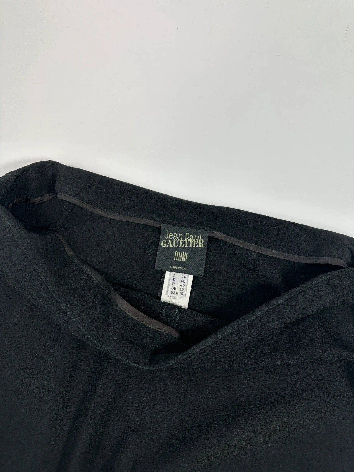 Jean-Paul Gaultier black wide-leg dress pants, vintage 2000s, soft rayon material.