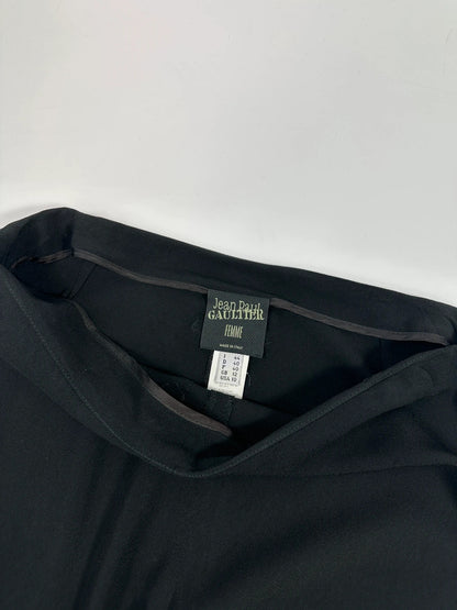 Jean-Paul Gaultier black wide-leg dress pants, vintage 2000s, soft rayon material.