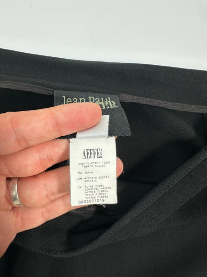Jean-Paul Gaultier black wide-leg dress pants, vintage 2000s, soft rayon material.