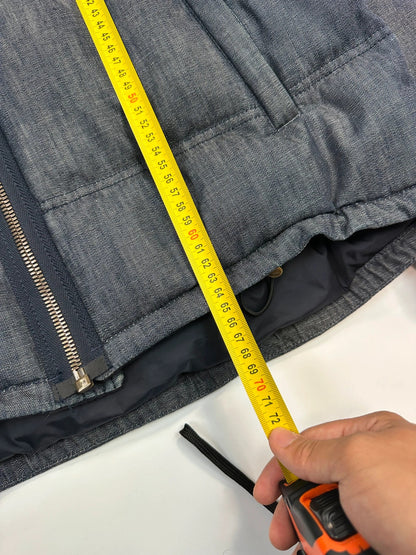 Prada blue hybrid down puffer jacket with removable hood and denim material.