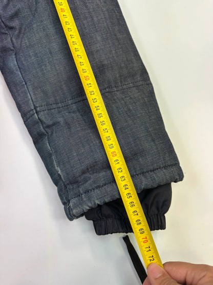 Prada blue hybrid down puffer jacket with removable hood and denim material.