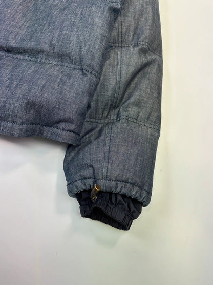 Prada blue hybrid down puffer jacket with removable hood and denim material.
