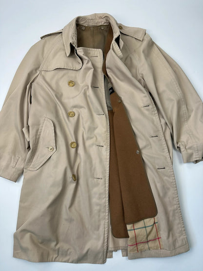 Burberrys beige trench coat jacket double breasted with removable lining and classic logo.