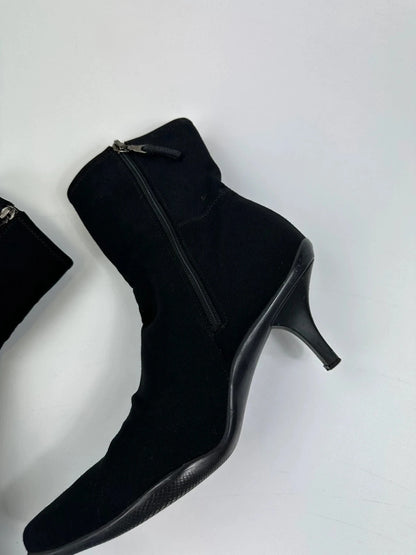Prada black neoprene boots with pointed toe and leather interior.