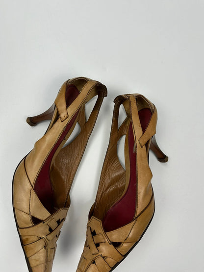 Prada beige leather pumps with pointy toe and subtle logo detailing.