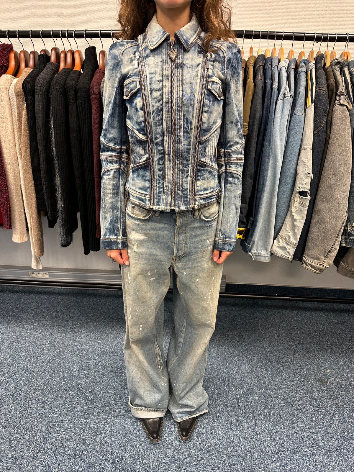 Just Cavalli sky blue denim jacket with multiple zippers and unique print design.