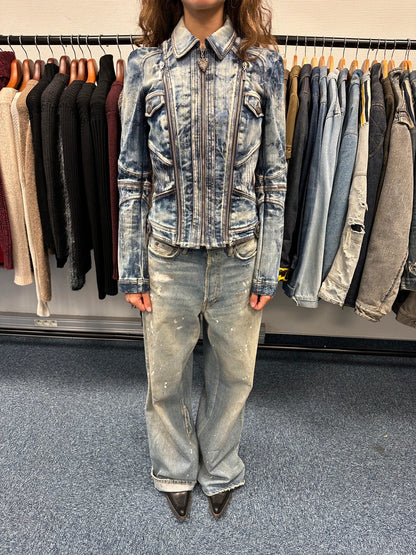 Just Cavalli sky blue denim jacket with multiple zippers and unique print design.