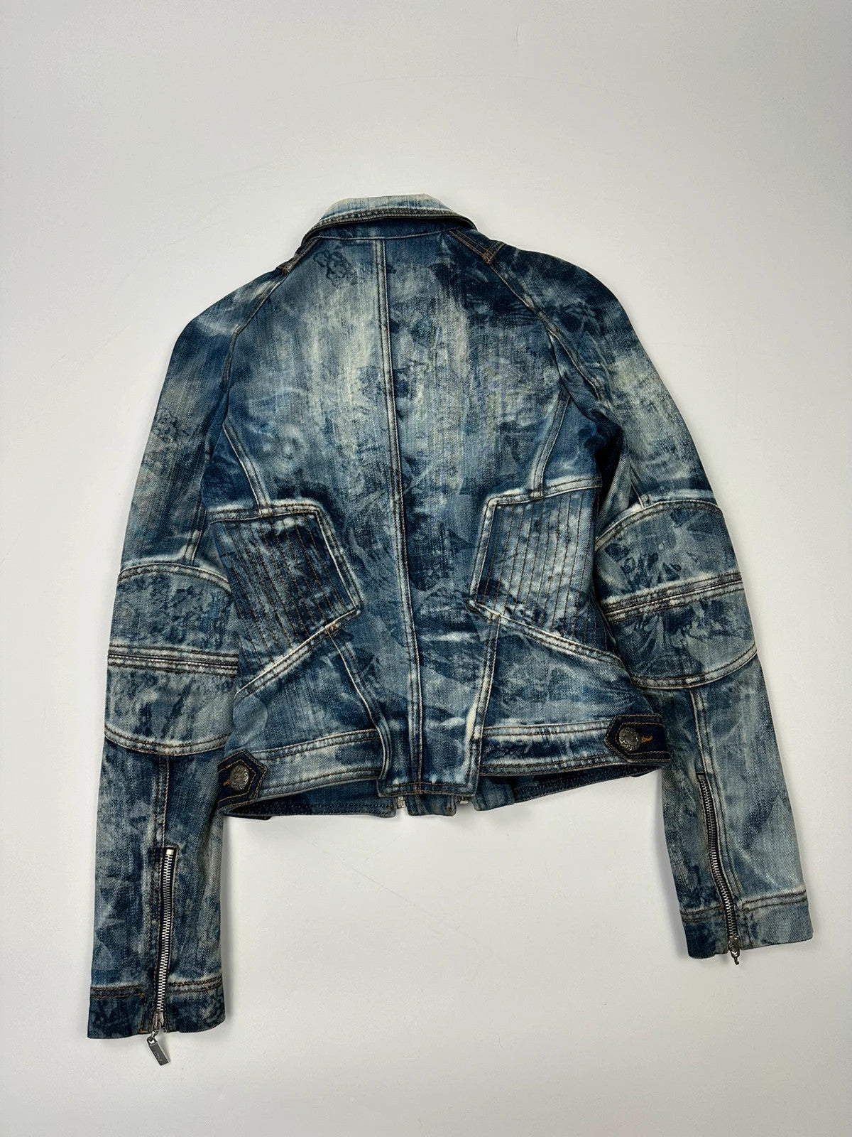 Just Cavalli sky blue denim jacket with multiple zippers and unique print design.