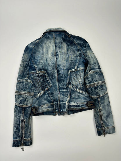 Just Cavalli sky blue denim jacket with multiple zippers and unique print design.