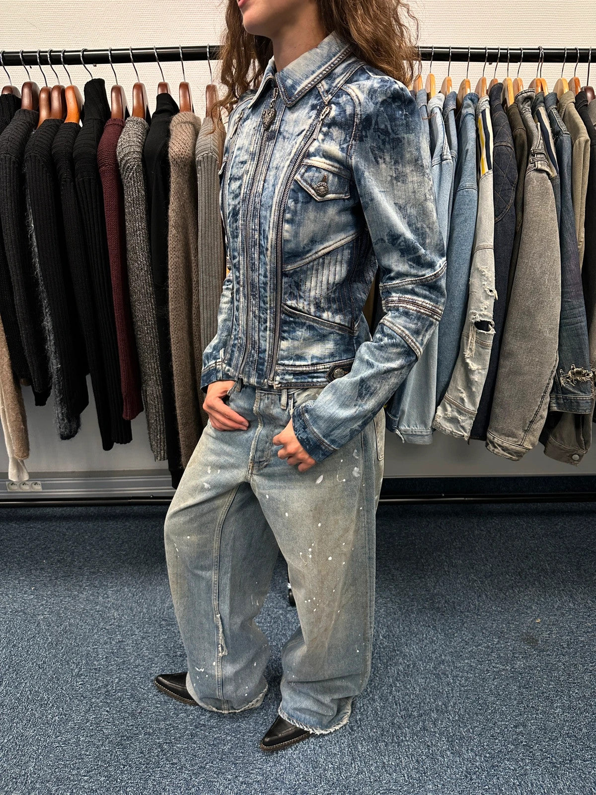 Just Cavalli sky blue denim jacket with multiple zippers and unique print design.