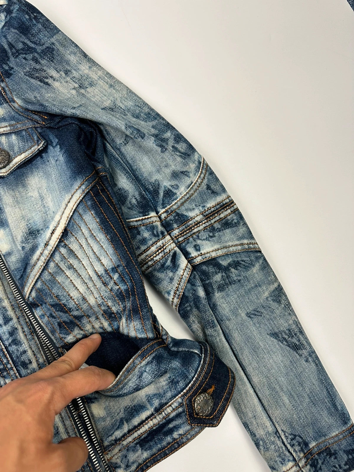 Just Cavalli sky blue denim jacket with multiple zippers and unique print design.