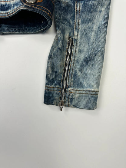 Just Cavalli sky blue denim jacket with multiple zippers and unique print design.