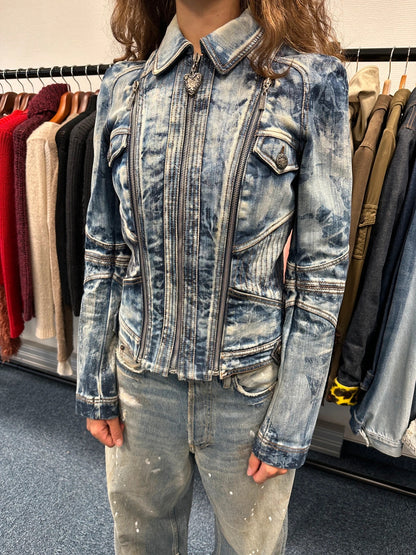 Just Cavalli sky blue denim jacket with multiple zippers and unique print design.