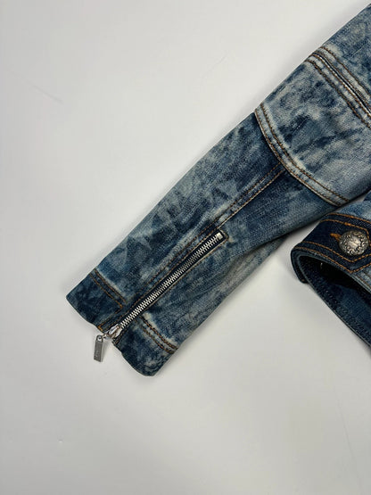 Just Cavalli sky blue denim jacket with multiple zippers and unique print design.