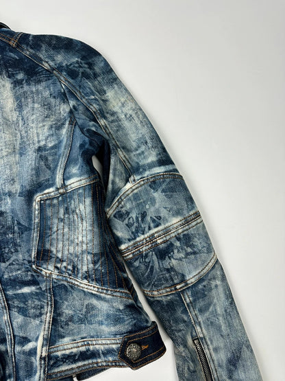 Just Cavalli sky blue denim jacket with multiple zippers and unique print design.