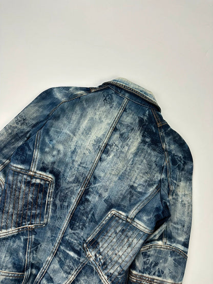 Just Cavalli sky blue denim jacket with multiple zippers and unique print design.