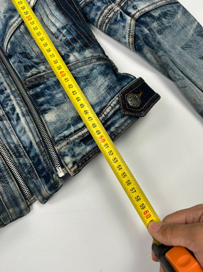 Just Cavalli sky blue denim jacket with multiple zippers and unique print design.
