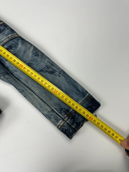 Just Cavalli sky blue denim jacket with multiple zippers and unique print design.