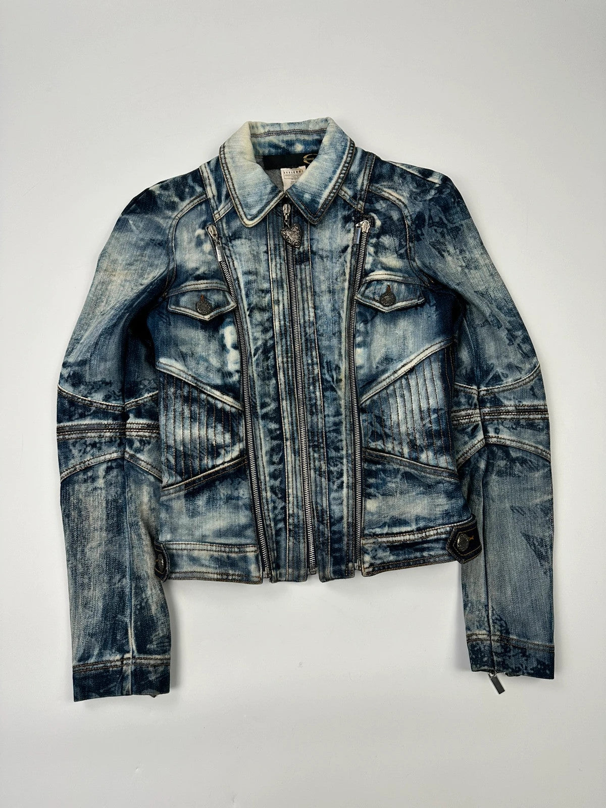 Just Cavalli sky blue denim jacket with multiple zippers and unique print design.