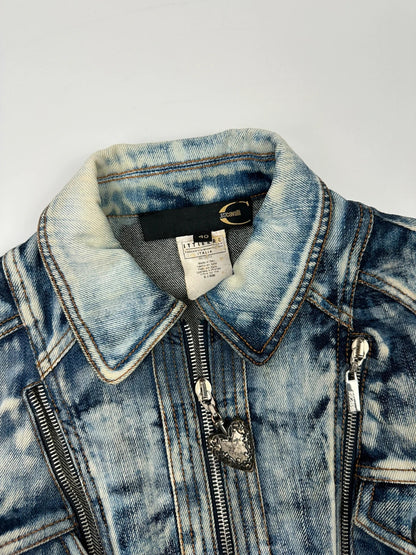 Just Cavalli sky blue denim jacket with multiple zippers and unique print design.