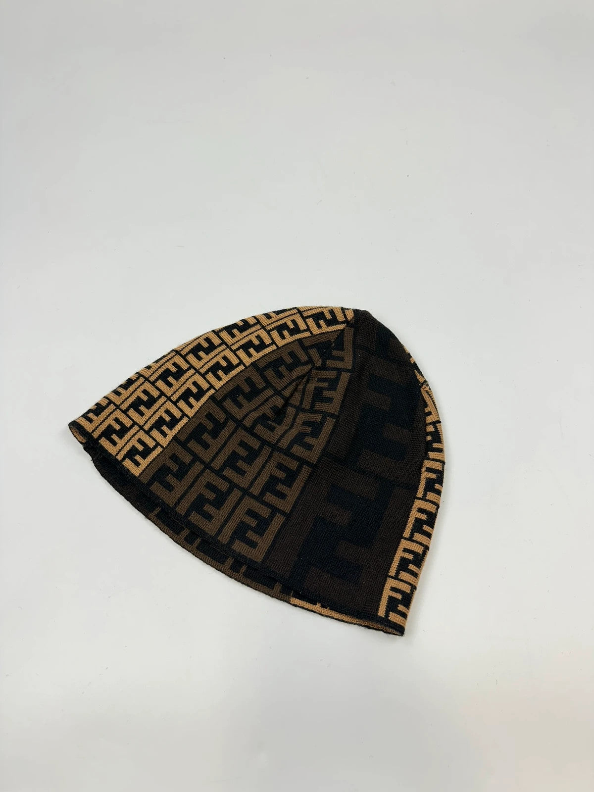 Fendi beige brown wool beanie with FF monogram pattern and vintage design.
