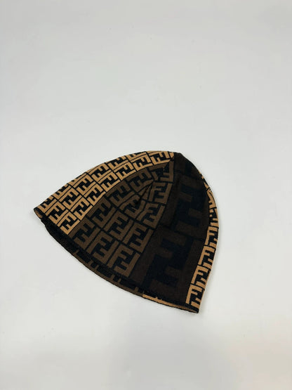 Fendi beige brown wool beanie with FF monogram pattern and vintage design.