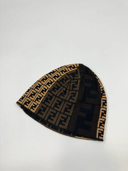 Fendi beige brown wool beanie with FF monogram pattern and vintage design.