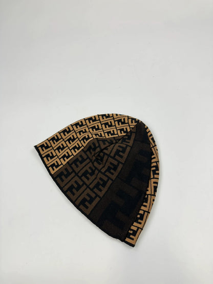 Fendi beige brown wool beanie with FF monogram pattern and vintage design.