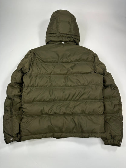 Prada khaki puffer down jacket with hood, featuring triangle logo and luxurious material.