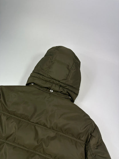 Prada khaki puffer down jacket with hood, featuring triangle logo and luxurious material.