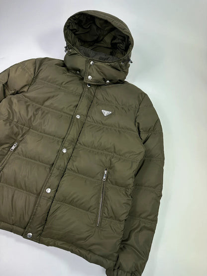 Prada khaki puffer down jacket with hood, featuring triangle logo and luxurious material.