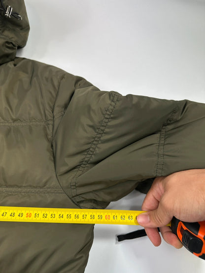 Prada khaki puffer down jacket with hood, featuring triangle logo and luxurious material.
