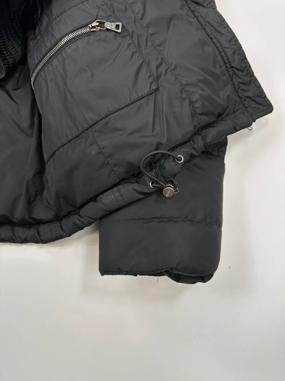 Prada black fitted nylon down puffer jacket with hood and logo detail.